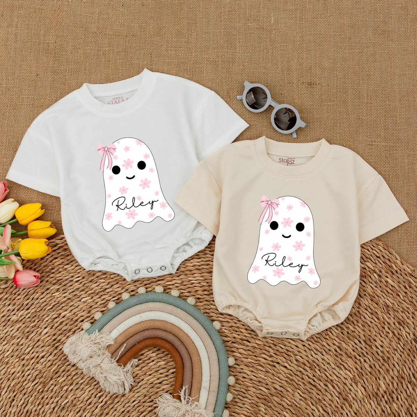Custom Name Cute Ghost Baby Romper with Pink Bow Floral Halloween Bodysuit Whimsical Infant Fall Bubble Outfit Shower Gift