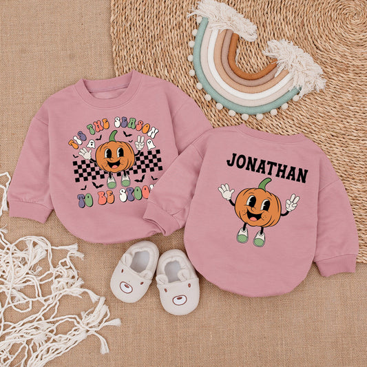Spooky Season First Halloween Baby Outfit Groovy Font Pumpkin Bodysuit Custom Name Newborn Clothes Retro Bats Ghosts Checkered Romper Fall Infant Gift 139c