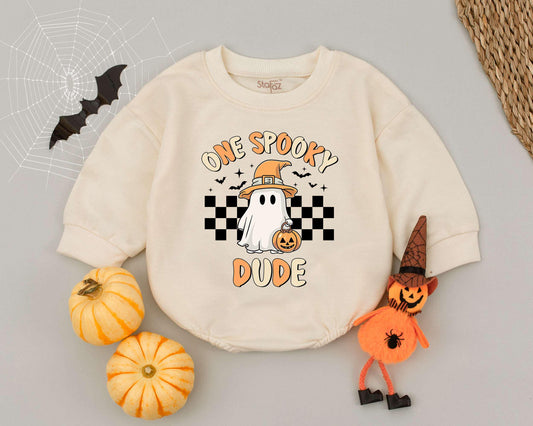 One Spooky Dude Baby Romper First Halloween Outfit Funny Vintage Ghost Costume Newborn Toddler Soft Comfortable Sweatshirt Gift