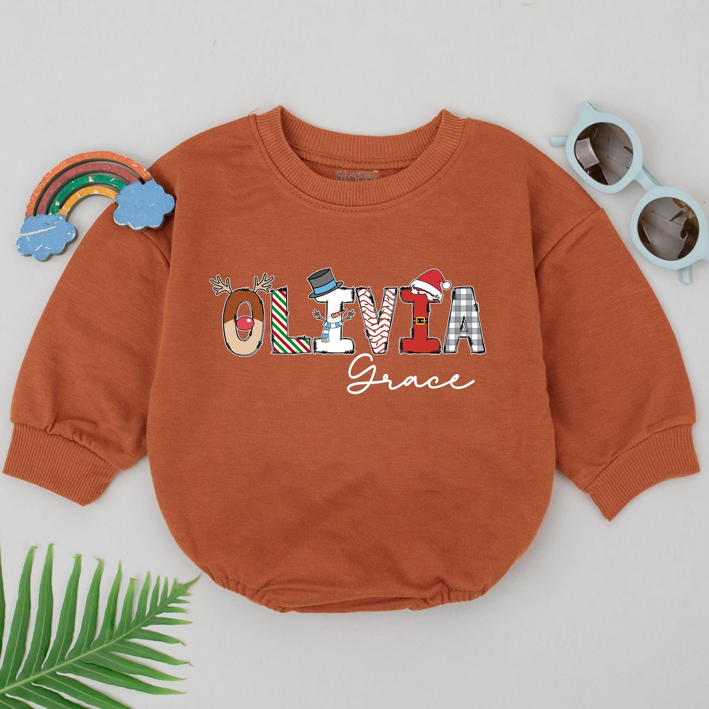 Personalized "OLIVIA Grace" Christmas Baby Romper Reindeer Snowman Santa Hat Plaid Outfit Newborn Girl Holiday Gift