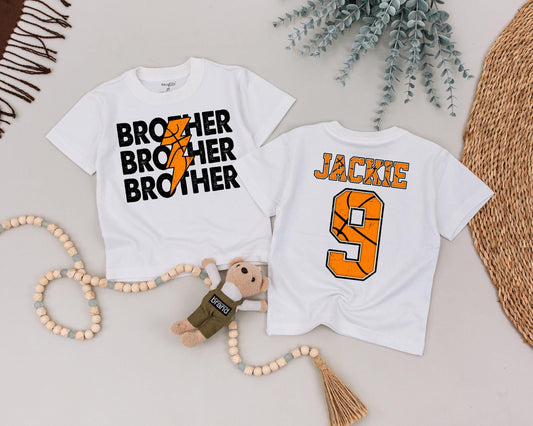 Custom Basketball Brother Sister T-Shirt with Your Name Number Sporty Orange Black Game Day Toddler Baby Birthday Gift