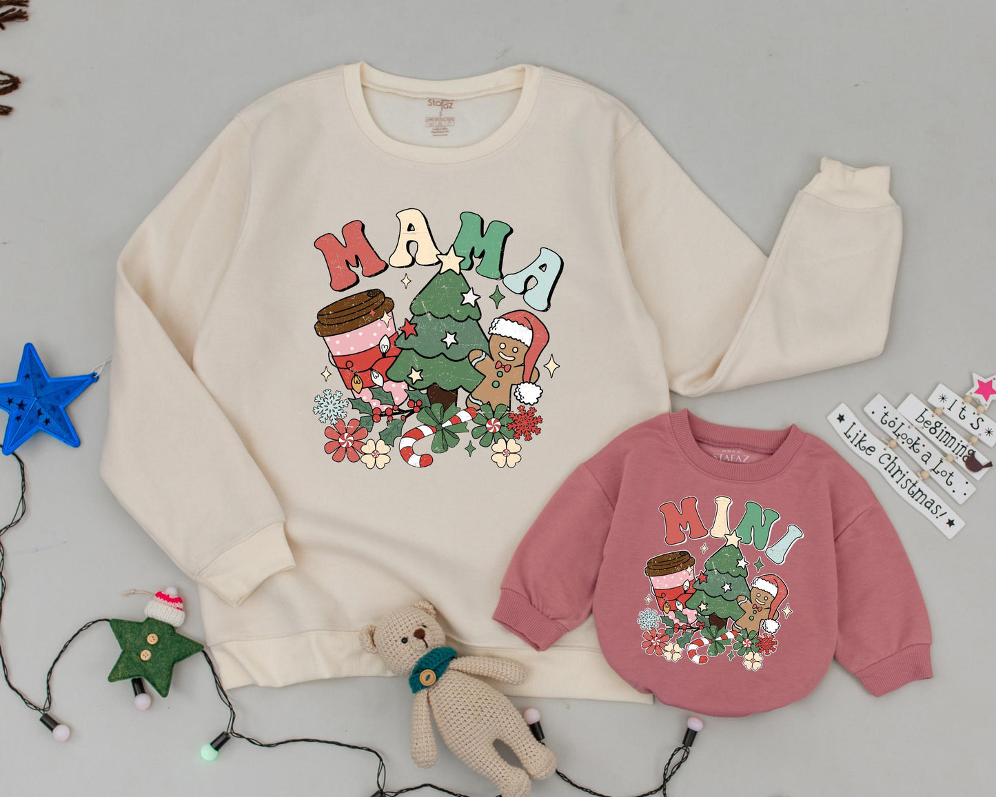 Retro Christmas Matching Sweatshirts: Mama Coffee, Mini Cocoa, Vintage Candy Canes, Festive Family Outfits, Holiday Party, Gingerbread, Red, Green, Pink (138 chars)