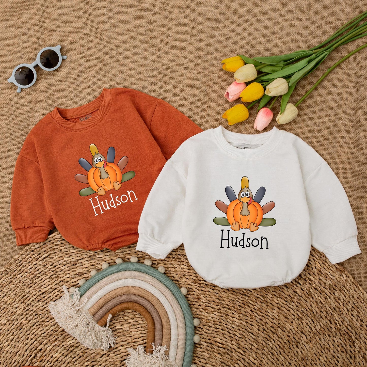 Pumpkin Turkey Romper for Boys, Thanksgiving Baby Outfit, Fall Wear