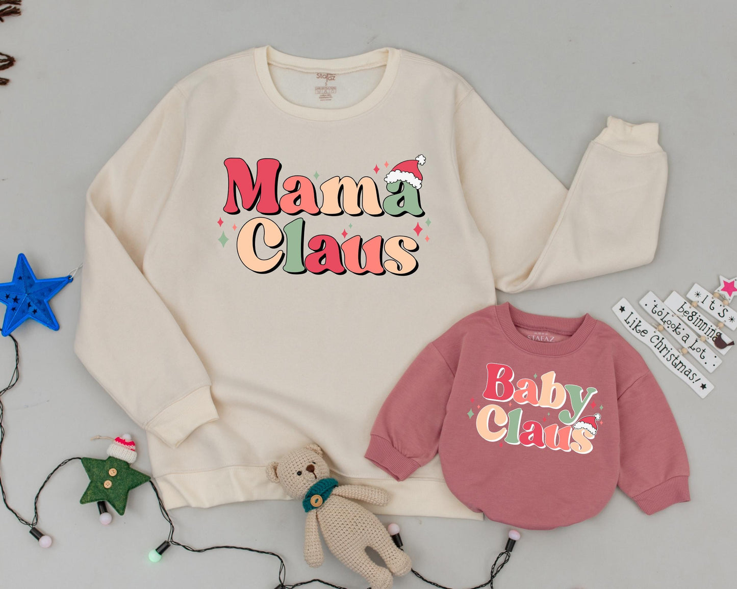 Matching Mama & Mini Claus Christmas Sweaters – Vintage, Personalized