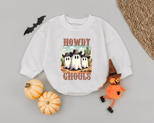 Retro Western Baby Romper: First Halloween Ghost & Pumpkin Outfit