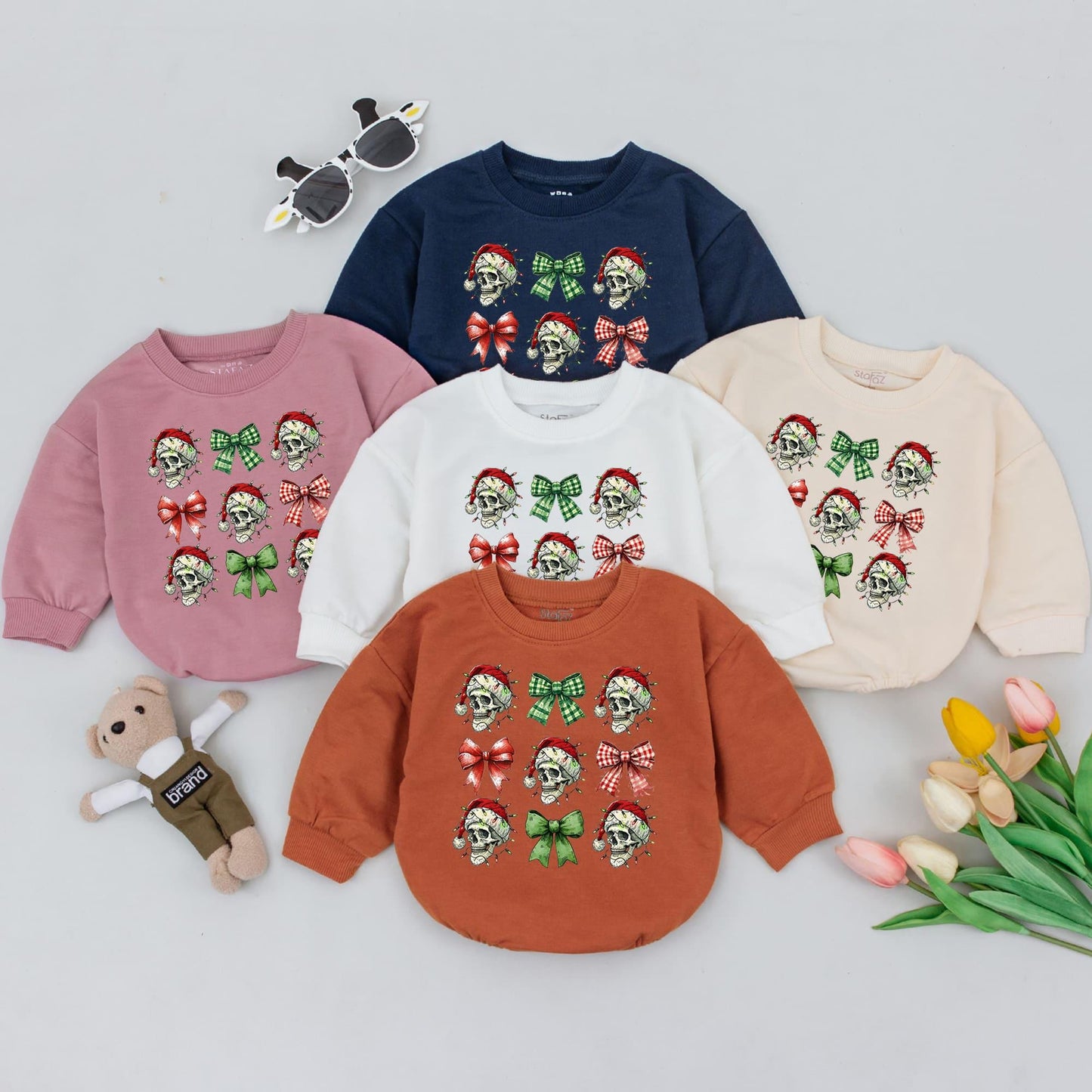 Funny Baby Christmas Romper: First Holiday, Retro Skeleton Bow