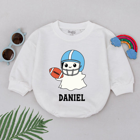 Personalized Boo Game Day Romper, Ghost Football Halloween Bodysuit, Custom Name, Sport Ghost 1st Halloween Outfit, Baby Boy Boo, Newborn for Boys (139 chars)