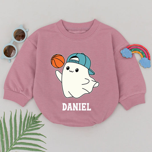 Personalized Baby Boy Ghost Basketball Romper for First Halloween Game Day Fun with Cute Blue Cap and Orange Ball Playful Sporty Infant Bodysuit Fall Boo