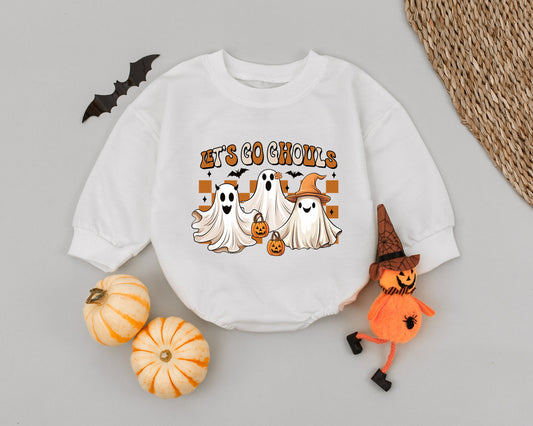 Let's Go Ghouls Baby Romper Funny Halloween Ghost Outfit, Vintage Checkered Fall Toddler Clothes, Spooky Cute Infant Bodysuit, First Halloween Gift (139 chars)