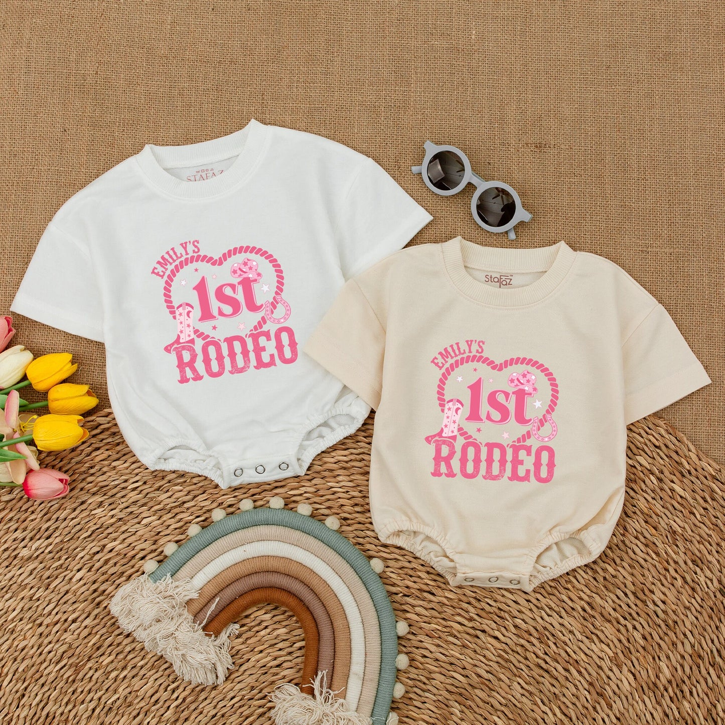 Emily's 1st Rodeo Birthday Romper: Personalized Cowgirl Outfit, Western First Birthday Bodysuit for Baby Girl, Rodeo Party Clothes, Country Style (137 chars)
