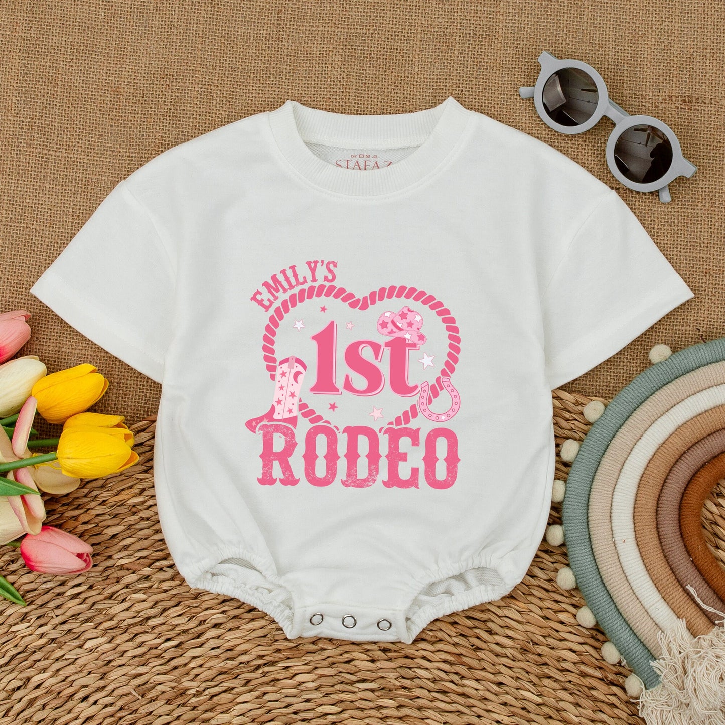 Emily's 1st Rodeo Birthday Romper: Personalized Cowgirl Outfit, Western First Birthday Bodysuit for Baby Girl, Rodeo Party Clothes, Country Style (137 chars)