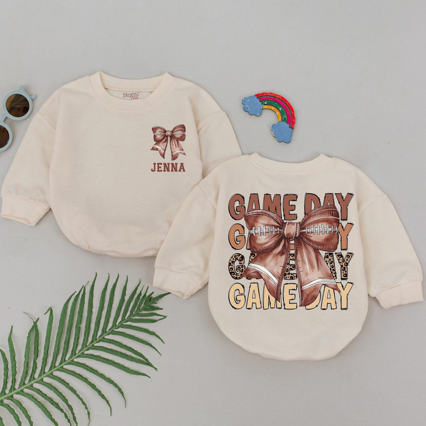 Personalized Baby Girl Football Romper - Natural Bubble Game Day Outfit