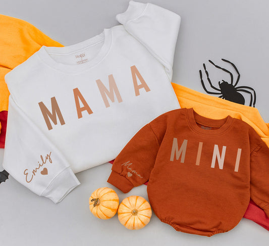 Mama and Mini Matching Fall Sweaters, Custom Name Sleeve, Thanksgiving Outfit, Earth Tone Mom and Baby Set, Personalized Fall Family Gift 139