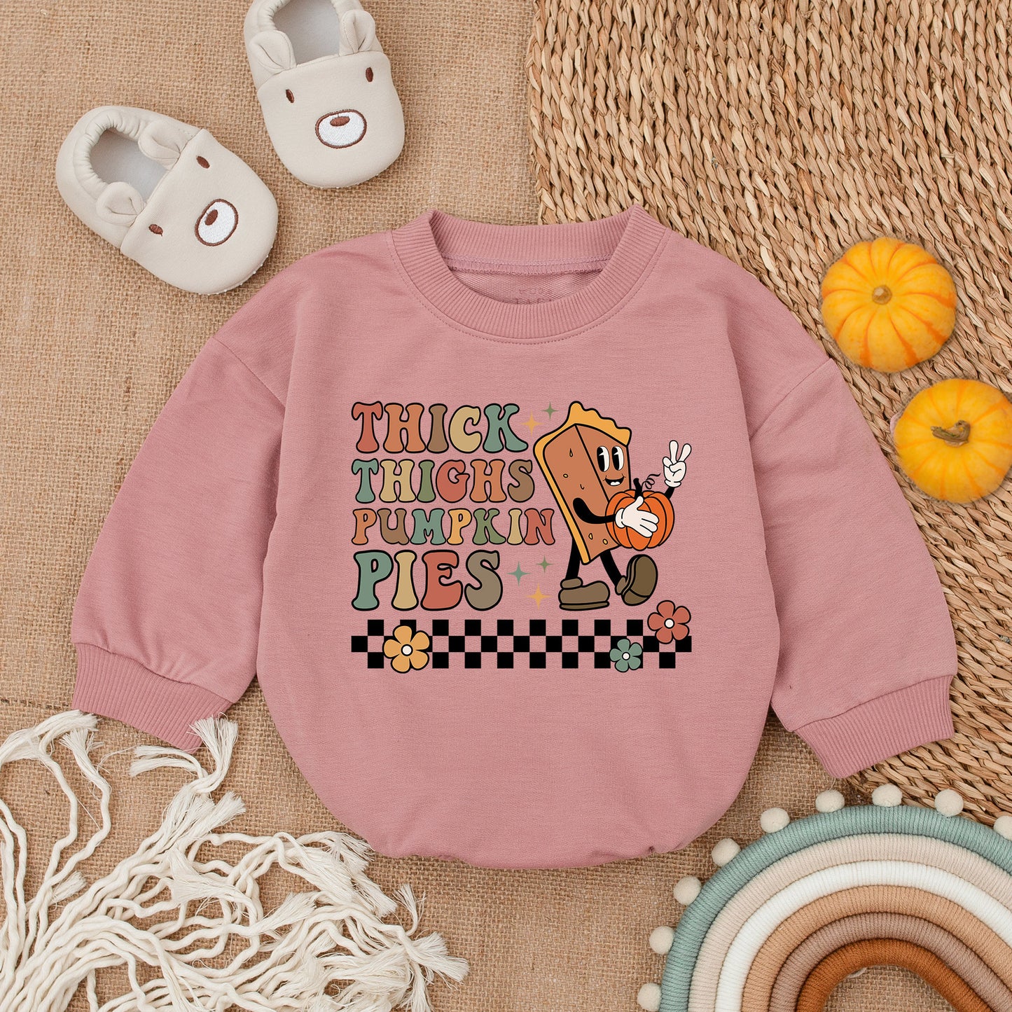 Thick Thighs Pumpkin Pies Baby Romper First Thanksgiving Outfit Fall Newborn Clothes Girl Boy Toddler Cute Retro Design