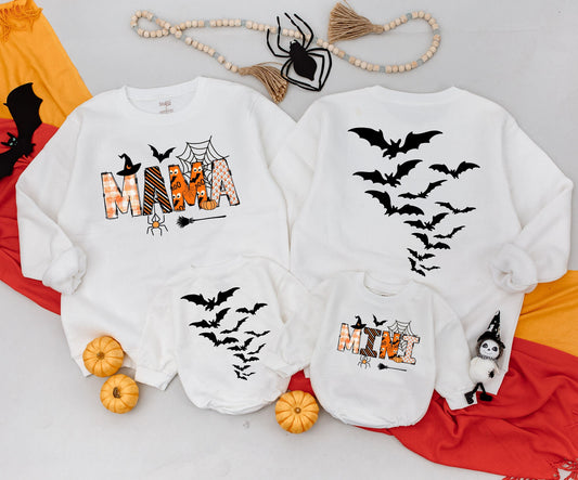 Mama & Mini Halloween Matching Sweatshirts: Spooky Family Outfits with Bats, Pumpkins & Witch Hats! Mommy and Me Fall Gift, 2-Sided Romper, Best Gifts