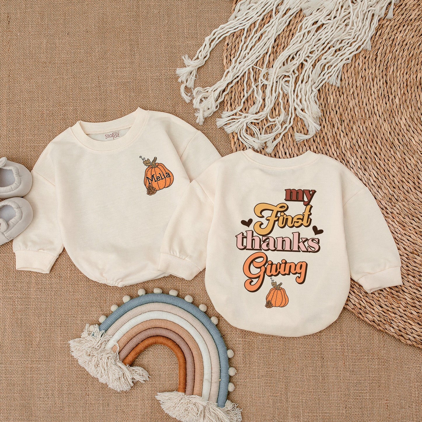 Baby's First Thanksgiving Outfit | Groovy Fall Romper with Pumpkin & 'My First Thanksgiving' Text Baby Girl Clothes Vintage Style