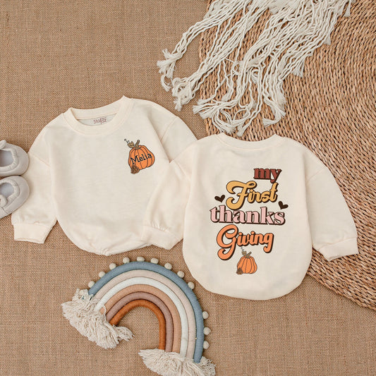 Baby's First Thanksgiving Outfit | Groovy Fall Romper with Pumpkin & 'My First Thanksgiving' Text Baby Girl Clothes Vintage Style