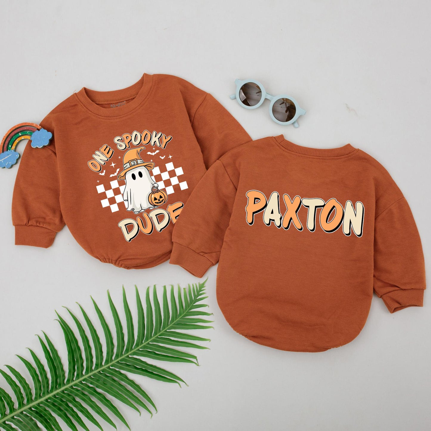 Personalized One Spooky Dude Baby Romper Retro Ghost Halloween Outfit Boys Gift Fun Orange Yellow Black