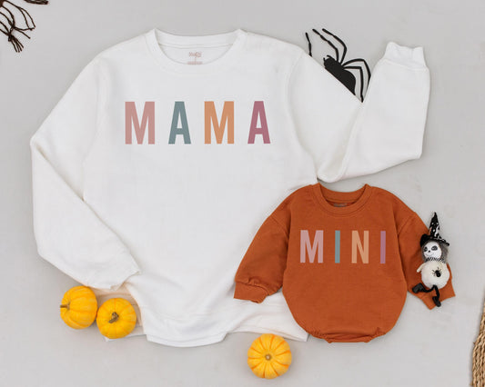 Mama and Mini Matching Sweatshirts Stacked Colorful Letters Mom Daughter Cozy Fall Halloween Thanksgiving Outfit Modern Retro Style