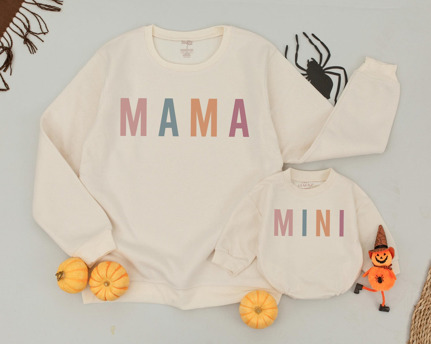 Mama and Mini Matching Sweatshirts Stacked Colorful Letters Mom Daughter Cozy Fall Halloween Thanksgiving Outfit Modern Retro Style