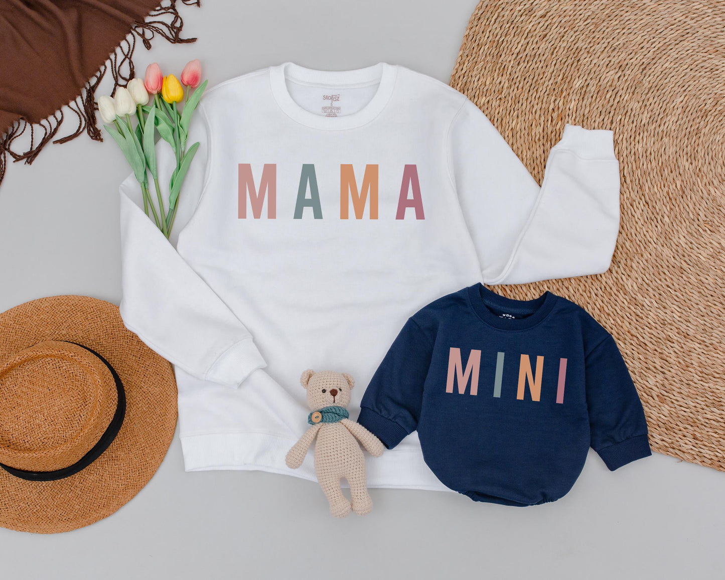 Mama and Mini Matching Sweatshirts Stacked Colorful Letters Mom Daughter Cozy Fall Halloween Thanksgiving Outfit Modern Retro Style
