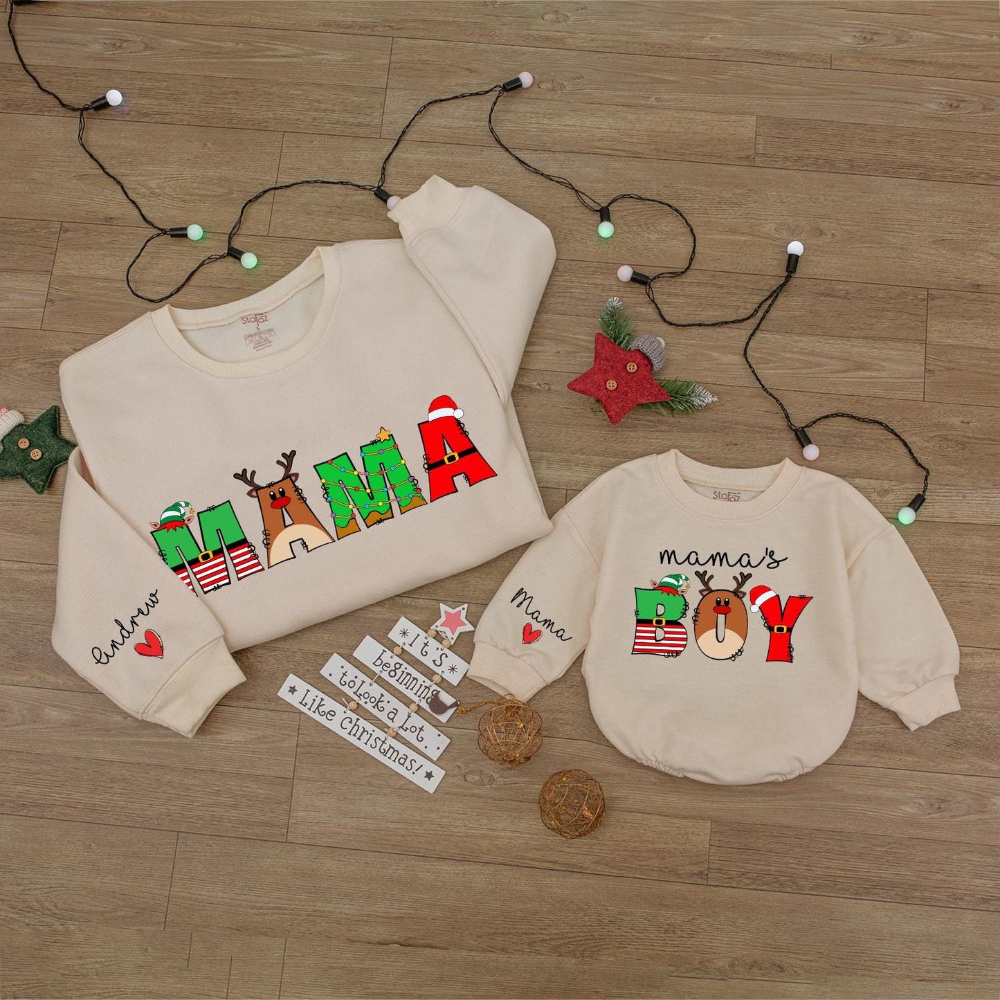Christmas Mama & Mama's Boy Matching Set, Festive Reindeer Elf Family Sweatshirt, Personalized Baby Romper, First Christmas Outfit, Custom Name Shirt