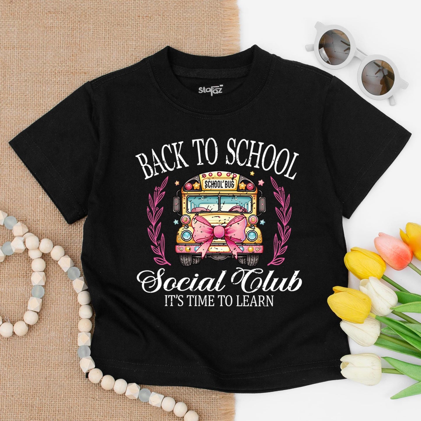 Back To School Social Club Shirt Whimsical School Bus Pink Bow First Day Elementary Kindergarten Toddler PreK Learning Stars Leaves "School Bus"