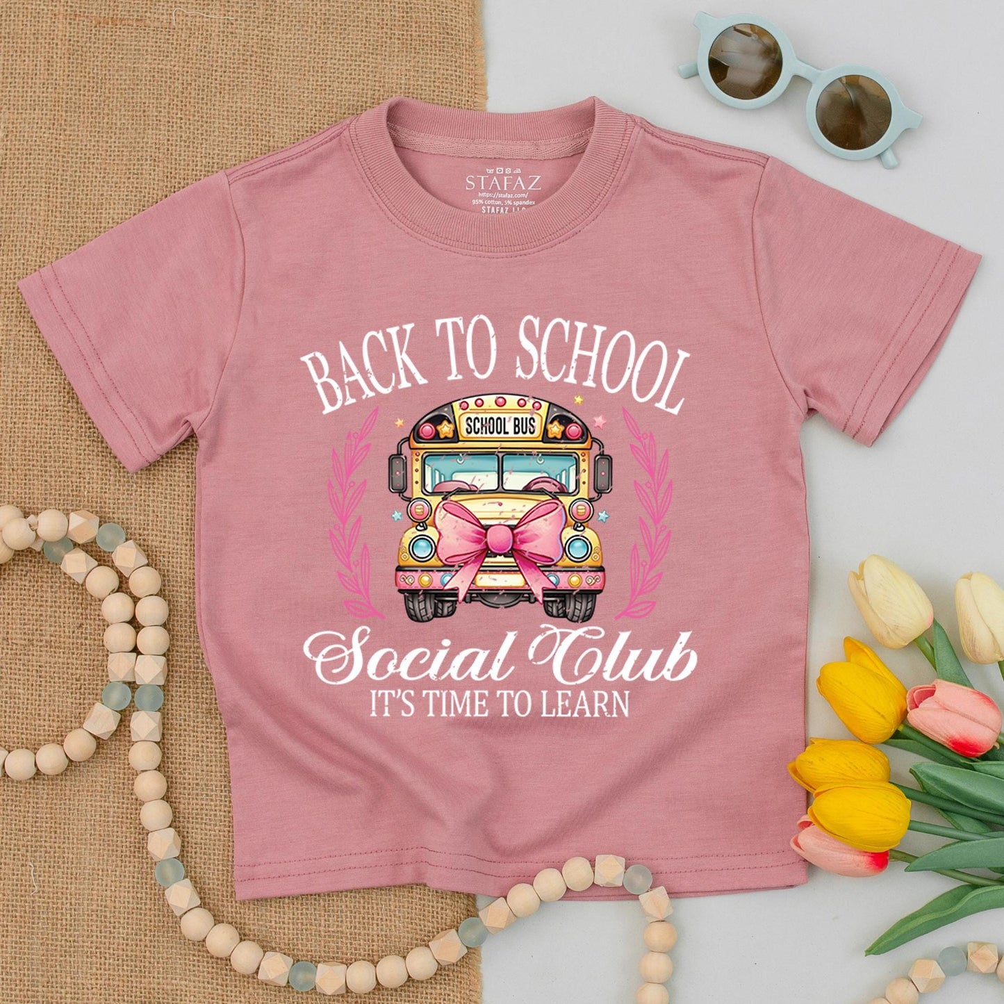 Back To School Social Club Shirt Whimsical School Bus Pink Bow First Day Elementary Kindergarten Toddler PreK Learning Stars Leaves "School Bus"