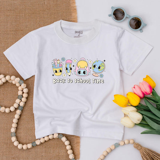 Back To School Time Shirt Pastel Graphic Design with Pencil Case Backpack Globe Flowers Stars for Elementary Kids
