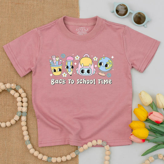 Back To School Time Shirt Pastel Graphic Design with Pencil Case Backpack Globe Flowers Stars for Elementary Kids