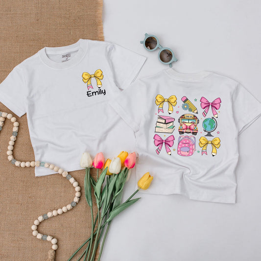 Personalized Back to School Shirt Cute Pencil & School Bus Design First Day of School Elementary & Kindergarten Gift