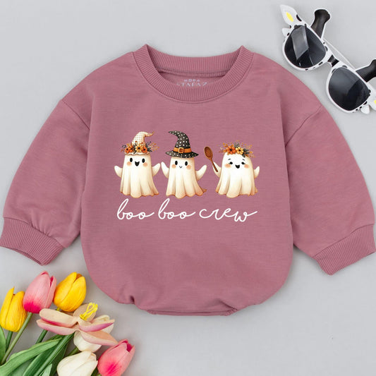 Boo Boo Crew Baby Romper Cute Halloween Ghosts Witch Hat Floral Crown "boo boo crew" Text Cozy Fall Baby Outfit Infant Bodysuit