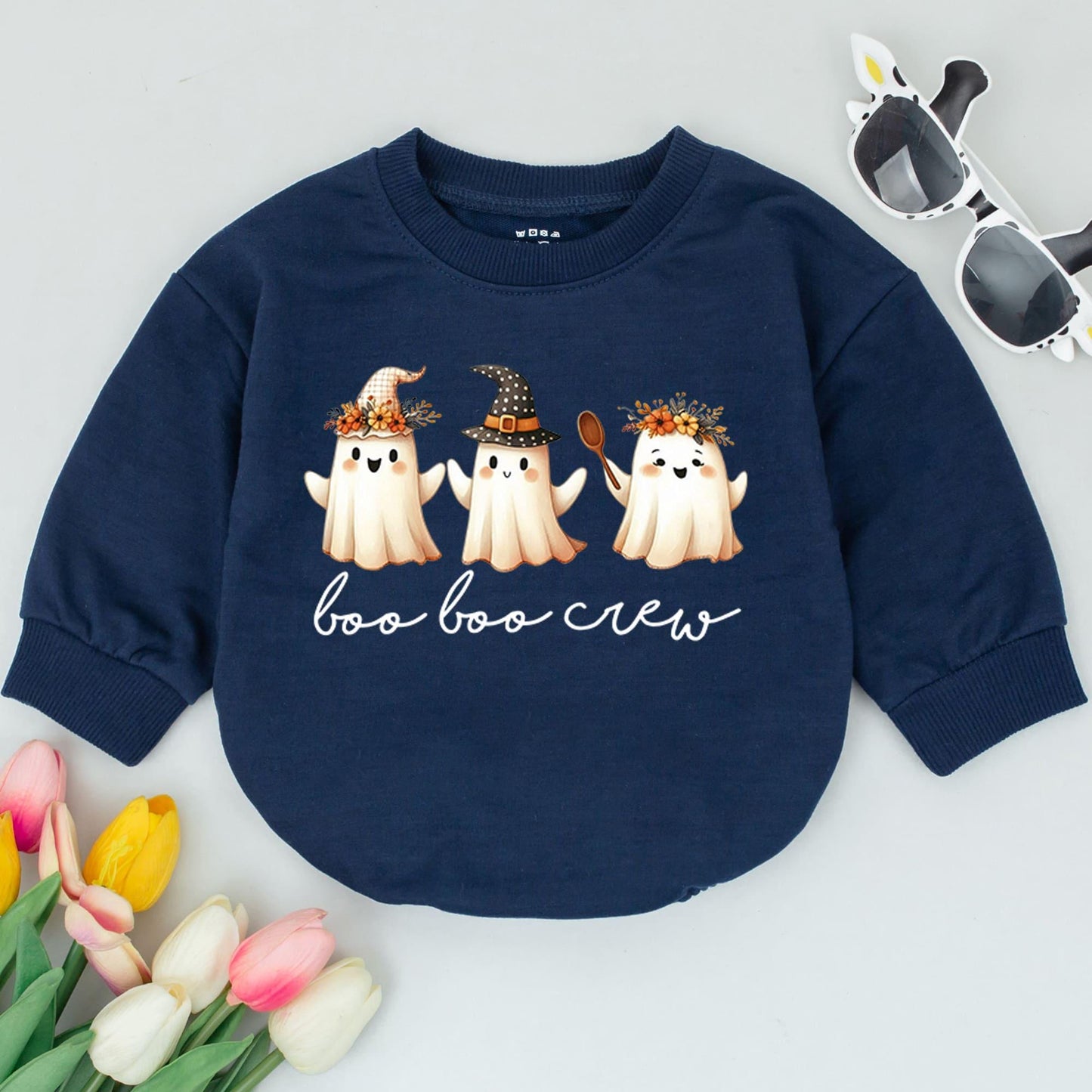 Boo Boo Crew Baby Romper Cute Halloween Ghosts Witch Hat Floral Crown "boo boo crew" Text Cozy Fall Baby Outfit Infant Bodysuit
