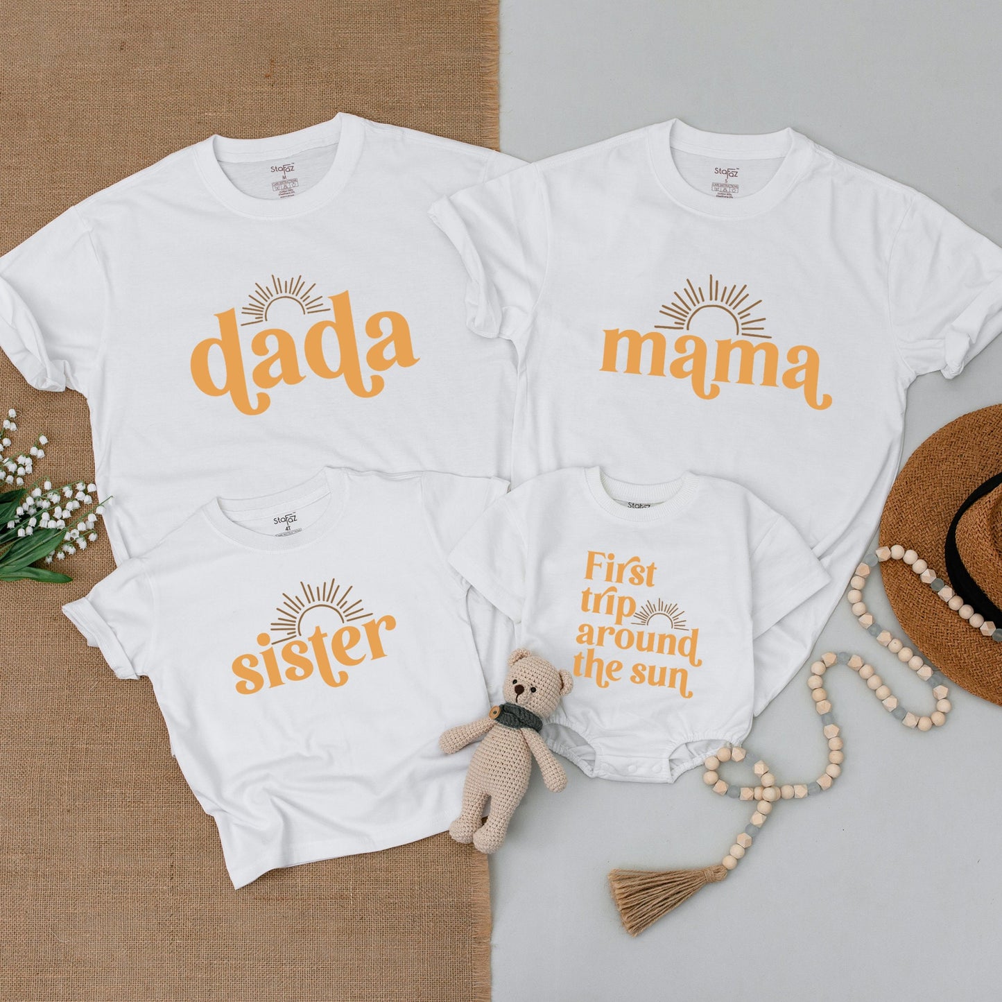 First Trip Around The Sun Matching Family Shirts 1st Birthday Outfit Golden Yellow Retro Sunshine Design Groovy Baby Bodysuit Comfy Cotton Tee