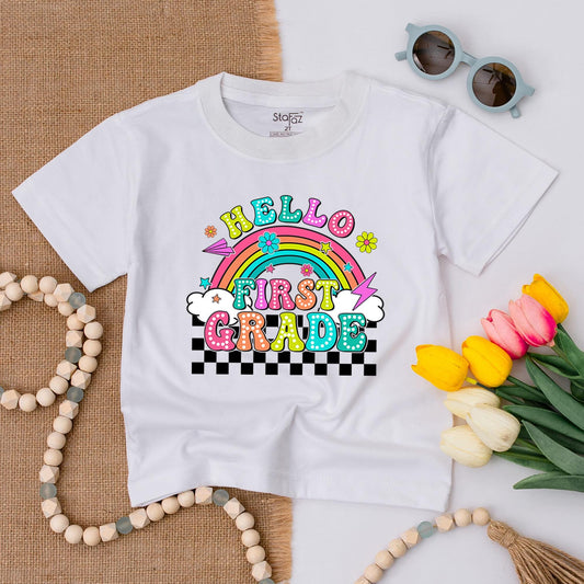 Hello First Grade Rainbow Shirt: Retro 1st Day Tee with Polka Dot Letters & Checkers! Back to School, Kindergarten, Elementary, Cheerful Gift for Kids