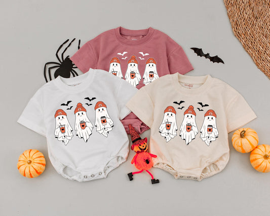 Cute Boo Romper Vintage Ghost Pumpkin Beanie Halloween Baby Girls Boys Outfit Bubble Romper First Halloween Costume