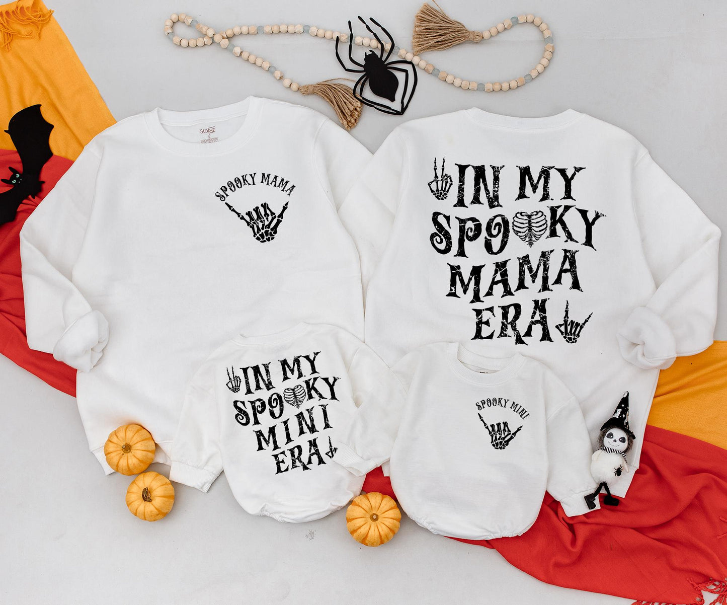 Spooky Mama & Mini Era Matching Sweatshirts Retro Skeleton Hand Halloween Family Outfits Cozy Spooky Season Gift