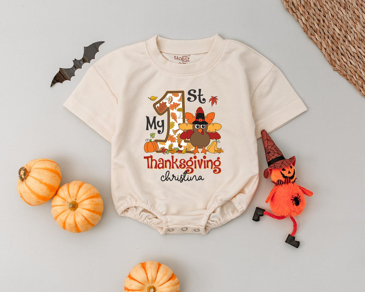 Custom Name Thanksgiving Romper - Baby Fall Outfit Halloween Bodysuit