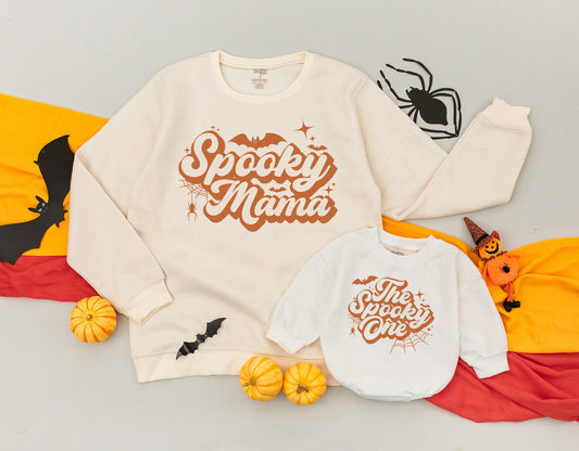 Spooky Family Matching Sweatshirts Retro Halloween Outfits Personalized One, Dad, Mama Vintage Ghost Bats & Stars Halloween Birthday Gifts Spooky Dude