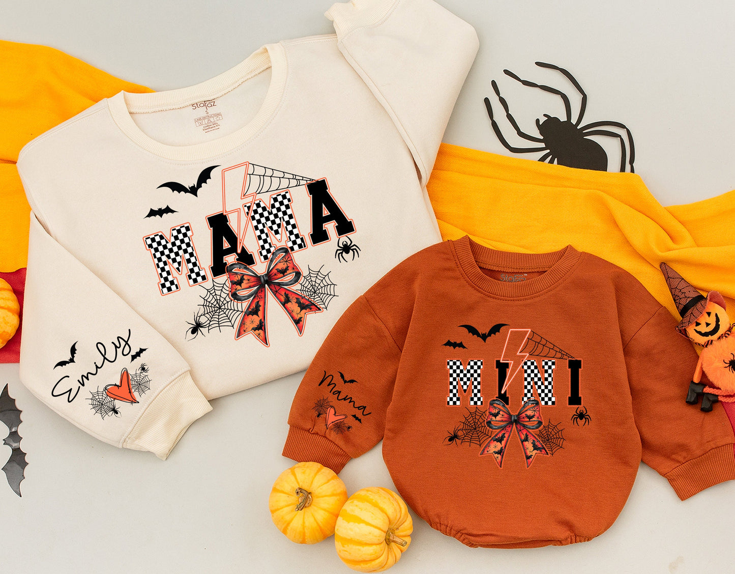 Spooky Mama Halloween Sweatshirt Matching Mini Bat Spider Checkered Orange Bow Retro Cozy Fall Gift