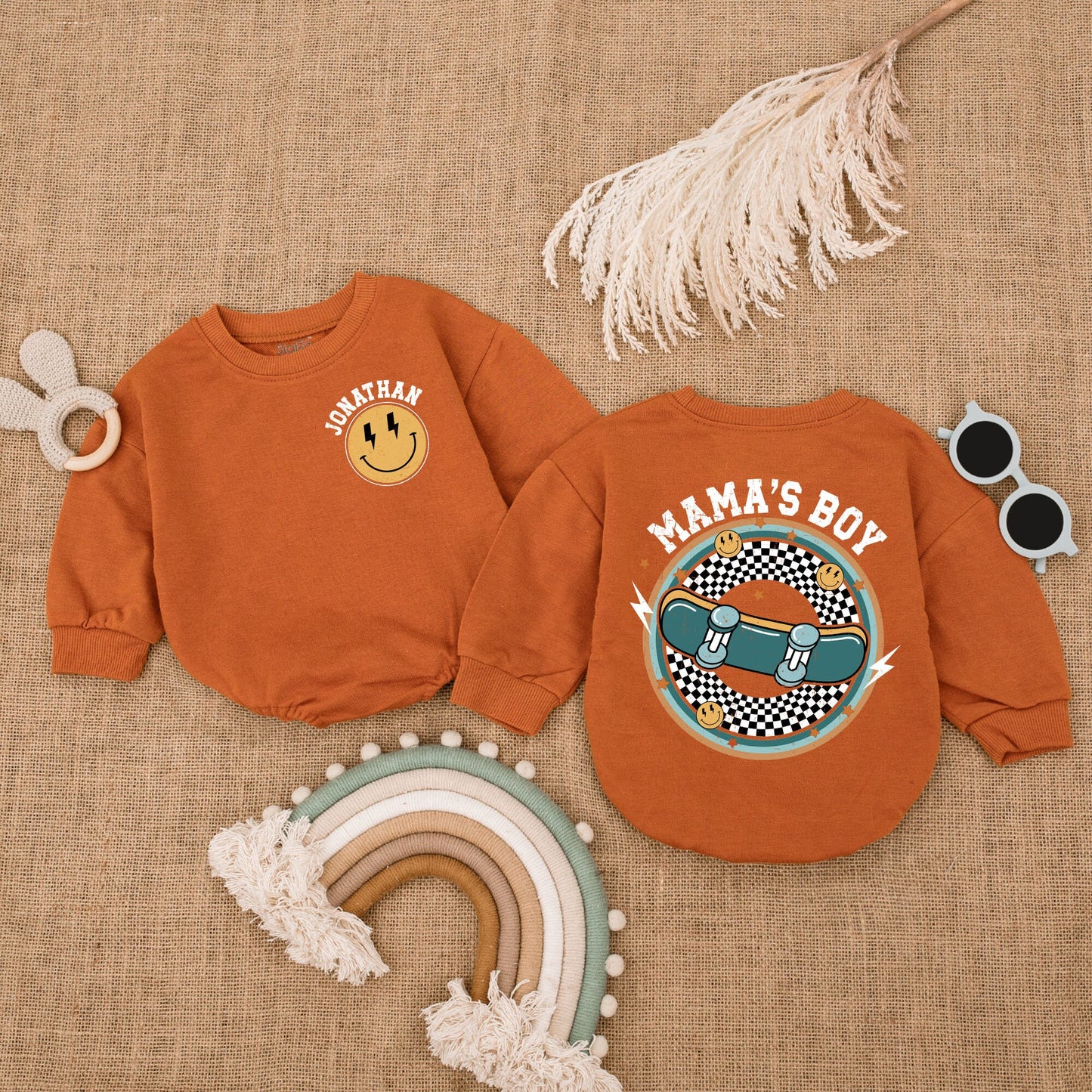 Mama's Boy Skateboard Baby Bubble Romper Outfit, Retro Baby Bodysuit with Fun Vintage Graphics, Cool Baby Boy Clothes Gift Set 130-140 Characters