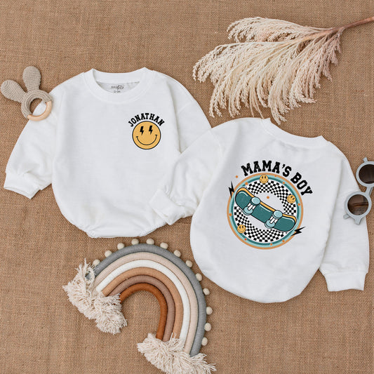 Mama's Boy Skateboard Baby Bubble Romper Outfit, Retro Baby Bodysuit with Fun Vintage Graphics, Cool Baby Boy Clothes Gift Set 130-140 Characters