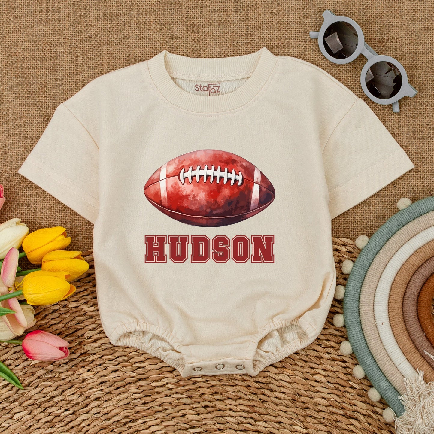Personalized Hudson Football Baby Romper, Vintage Varsity Game Day Bodysuit, Custom Name Outfit, Classic Sporty Shower Gift, Red & White 135