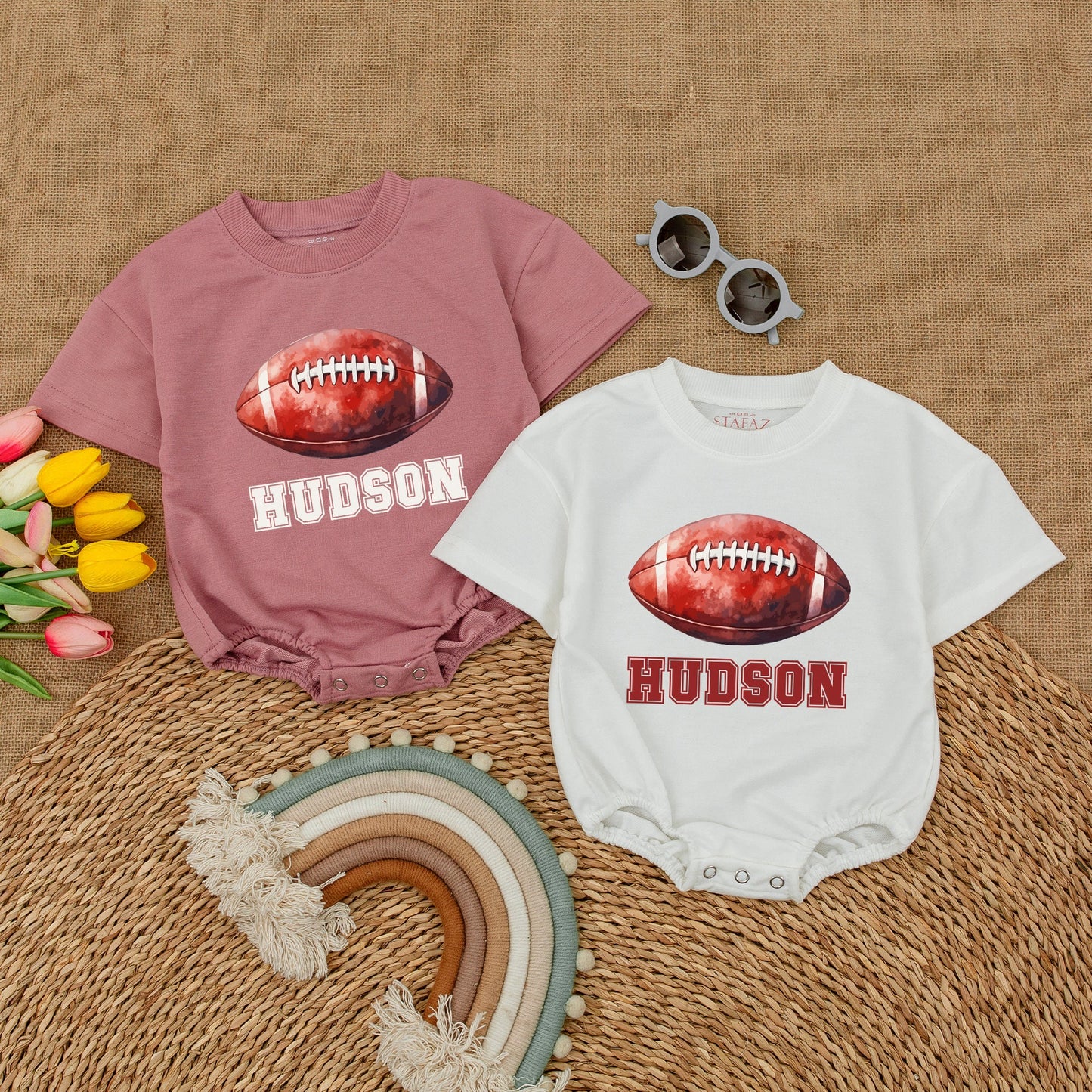 Personalized Hudson Football Baby Romper, Vintage Varsity Game Day Bodysuit, Custom Name Outfit, Classic Sporty Shower Gift, Red & White 135
