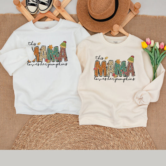 This Mama Loves Her Pumpkins Sweatshirt Autumn Vibes Personalized Mama Gift with Kid Names Cozy Fall Vibes