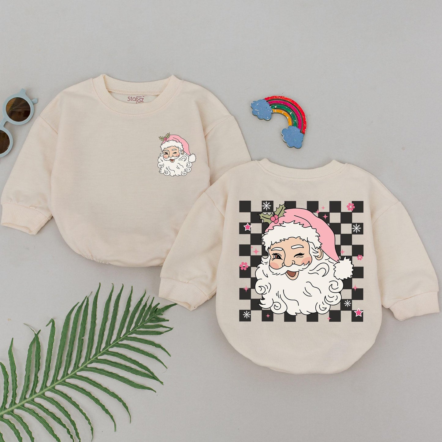 Pink Retro Santa Romper for Girls – Baby Shower & Xmas Outfit