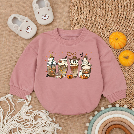 Cute Spooky Halloween Coffee Bodysuit Western Pumpkin Ghost Baby Romper Cozy Fall Baby Clothes First Halloween Outfit
