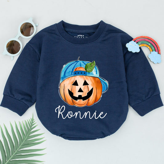 Personalized Ronnie's First Halloween Romper, Cute Pumpkin Baby Outfit with Blue Cap, Spooky Season Bodysuit, Baby Shower Gift, Newborn Boy Clothes (139 chars)