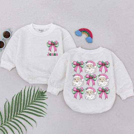 Personalized Christmas Romper: Pink Bow & Santa, Custom Name "Jenna", Holiday Baby Gift, Newborn Outfit, Bright Xmas Clothes for Girls 1st Christmas