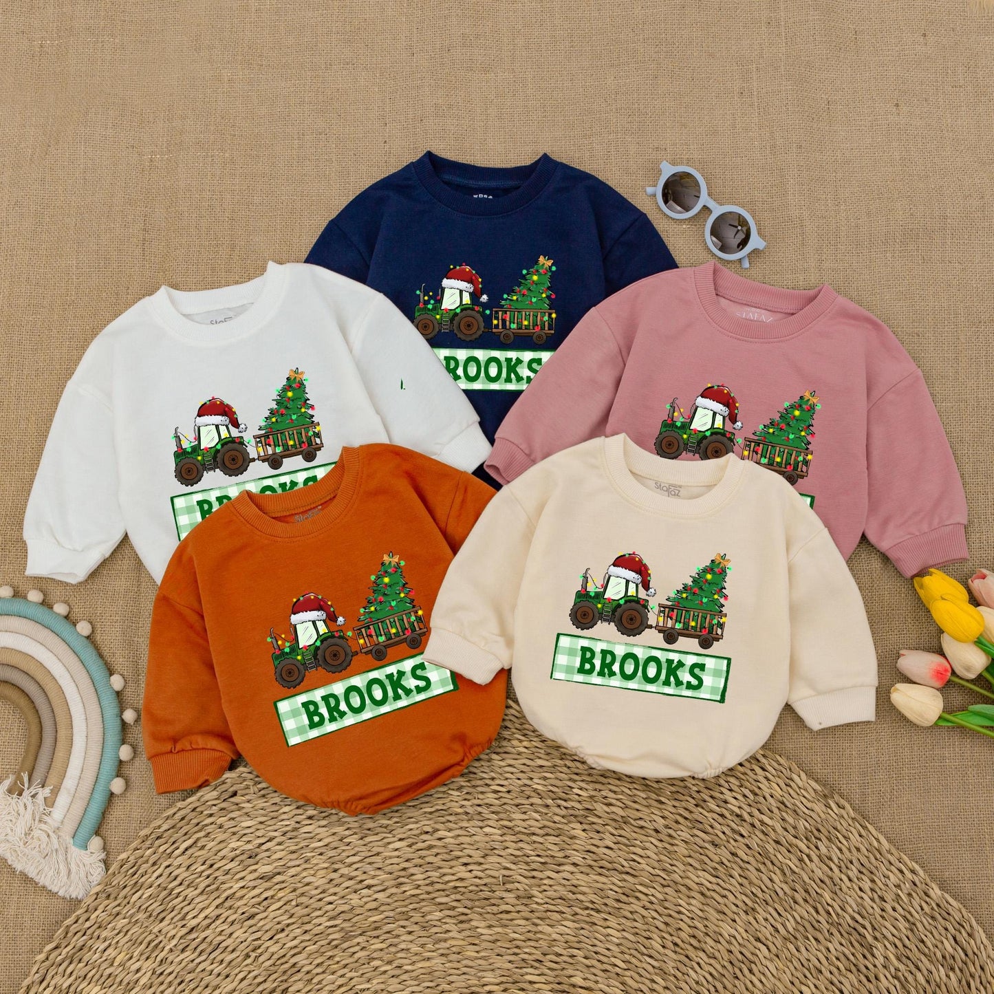 Personalized Tractor Christmas Romper for Baby Boy First Christmas Outfit Custom Name Winter Clothes Christmas Baby Shower Gift Red & Green Newborn Clothes